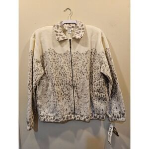 Teddi Fleece Jacket Women PM Cream Gray Leopard Print Full Zip Collared NWT